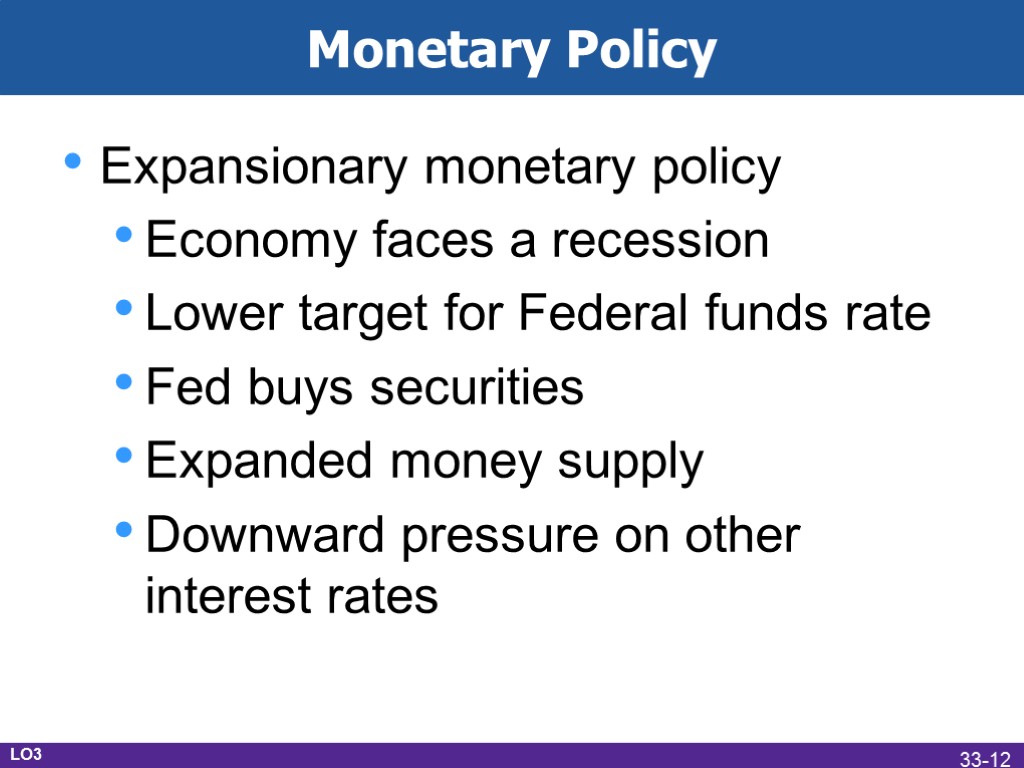 Monetary Policy Expansionary monetary policy Economy faces a recession Lower target for Federal funds
